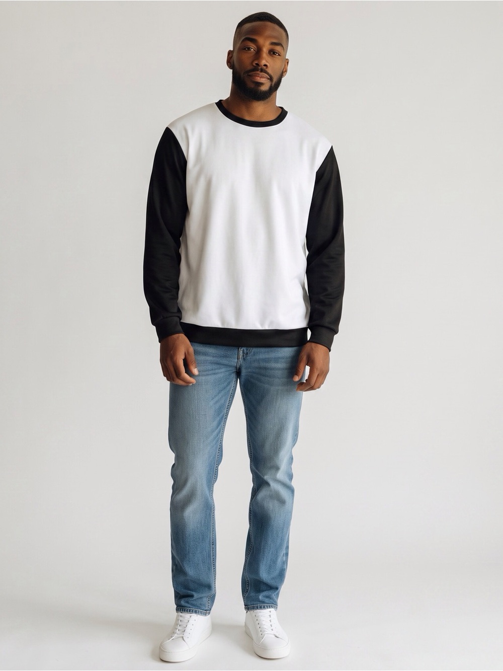 Men's Two-Tone Crewneck Sweatshirt Cuff Sleeves White/Black Size-XL NIB